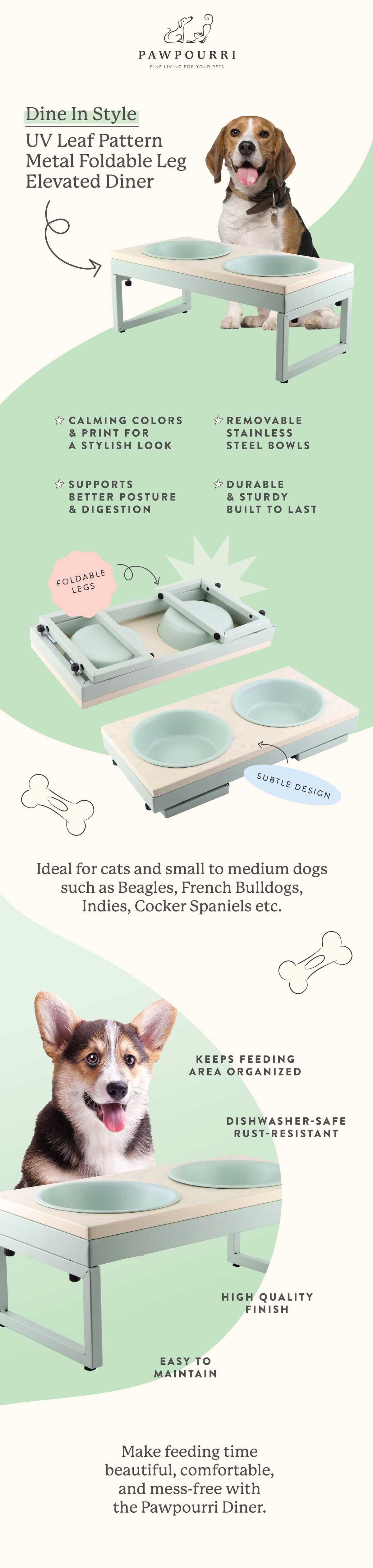 UV Leaf Pattern Metal Foldable Leg Dog Diner